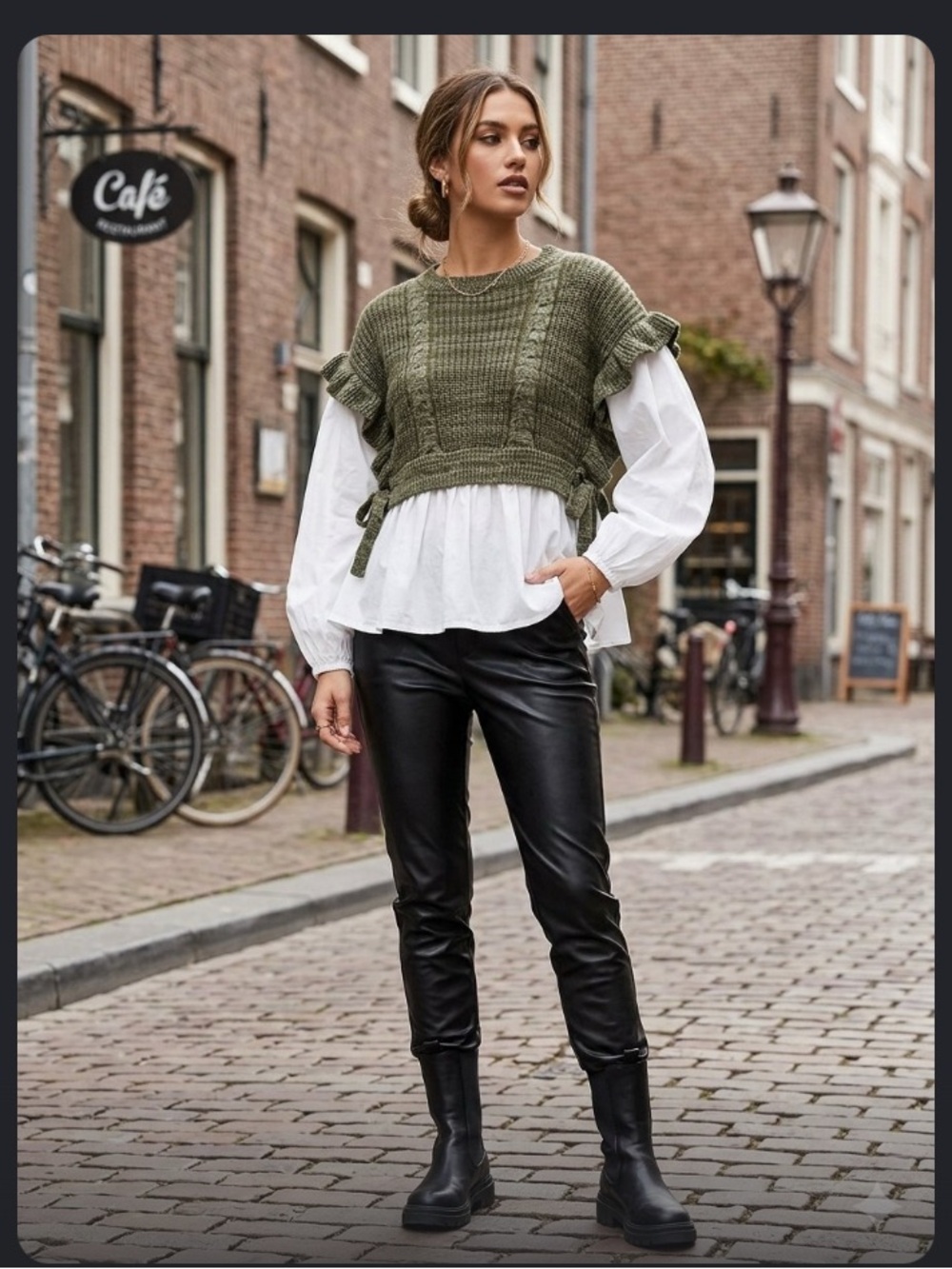 entro Olive Knit Layered Ruffle Pullover with White Peplum